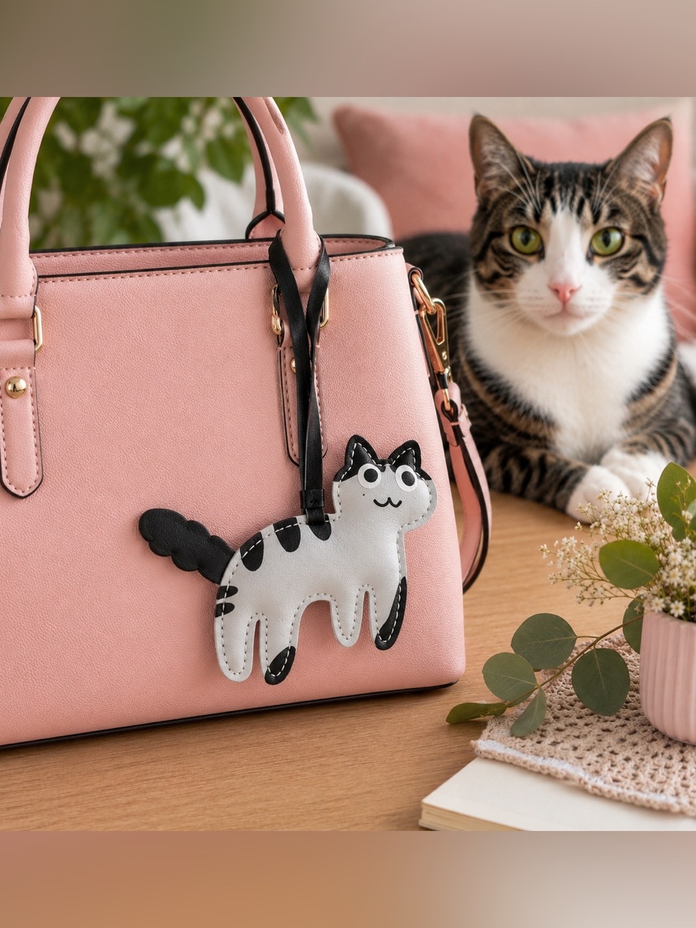 White & Black Striped Cat Faux Leather Bag Charm